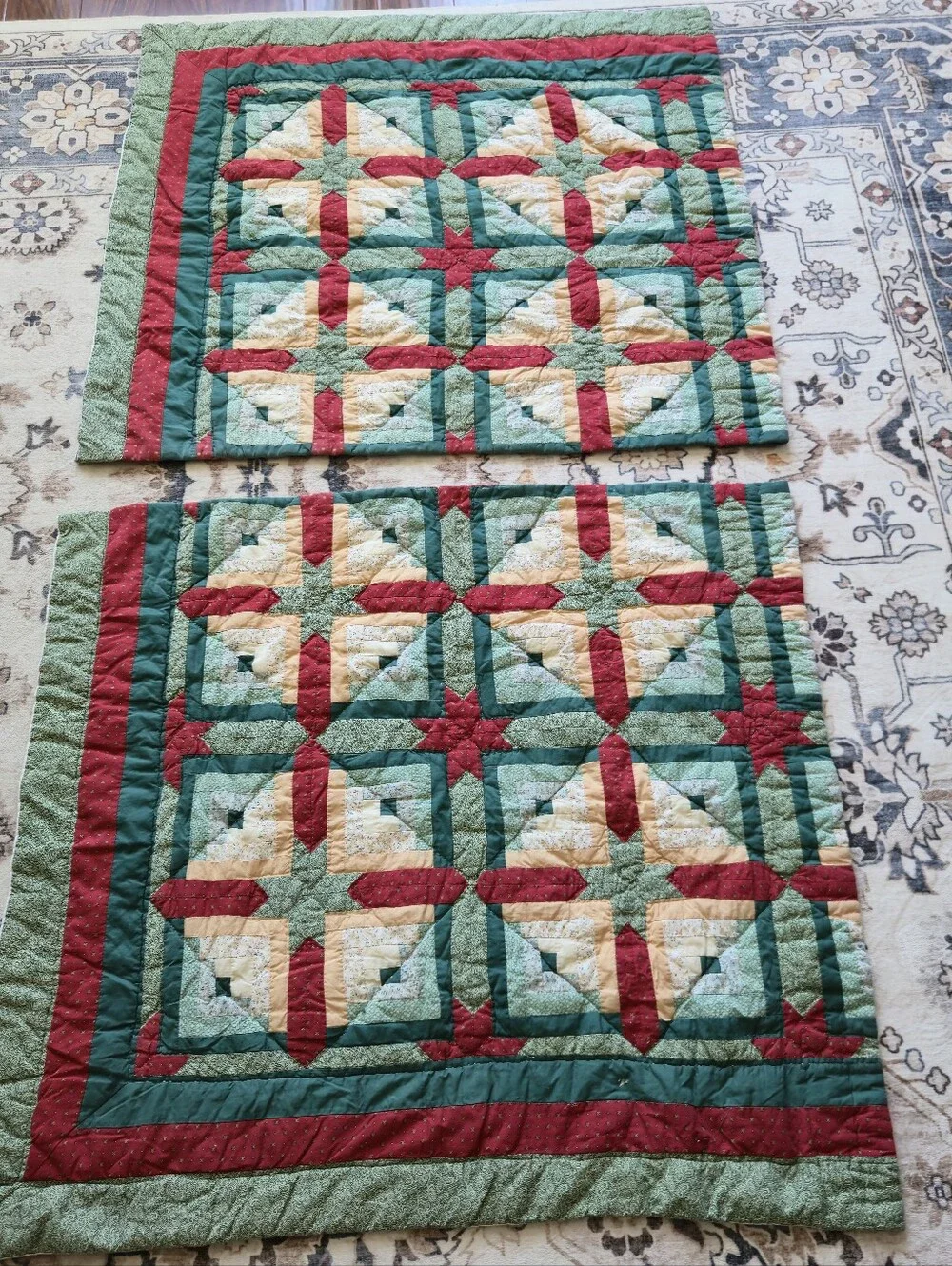 Vintage Quilted Christmas Curtain Panels Set 39x43 Patchwork Log Cabin Star Red